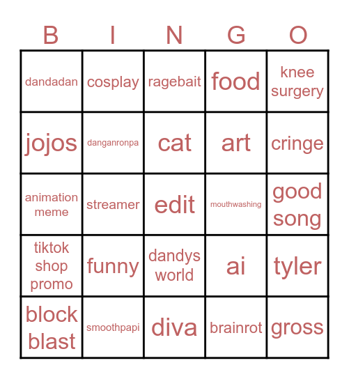 tiktok bingo Card