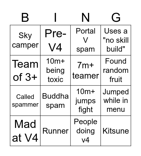 Blox Fruit Bingo Card