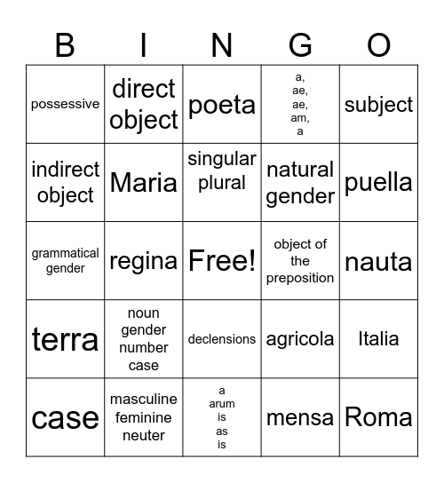 1st Declension Bingo Card