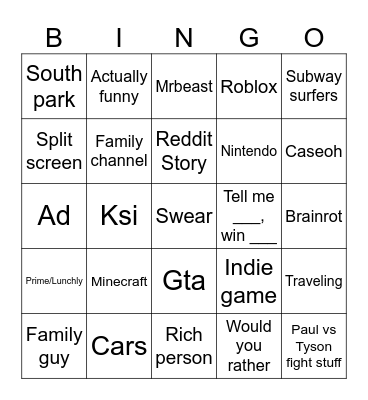 Shorts Bingo Card