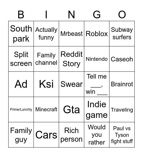 Shorts Bingo Card