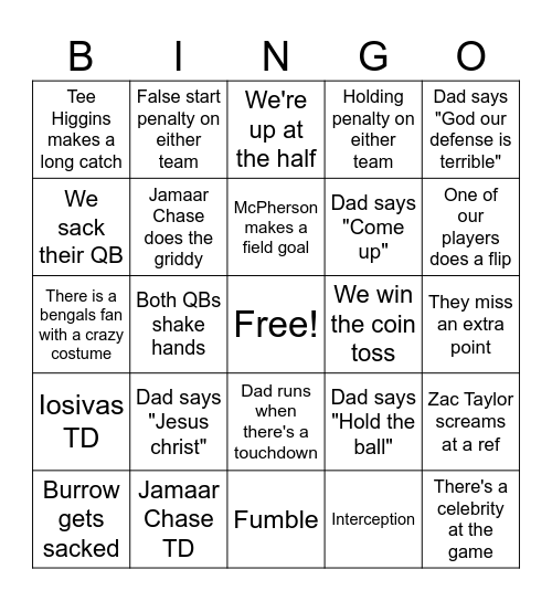 Bengals v. Chargers Bingo Card