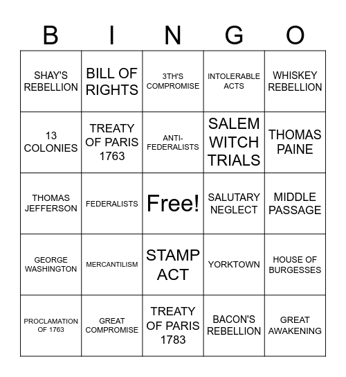 Colonial America Bingo Card