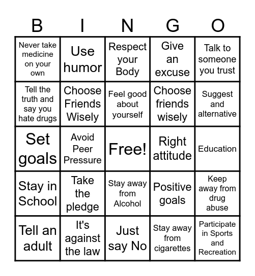 DRUG PREVENTION Bingo Card