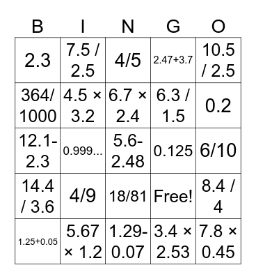 Fractions and Decimals Bingo Card