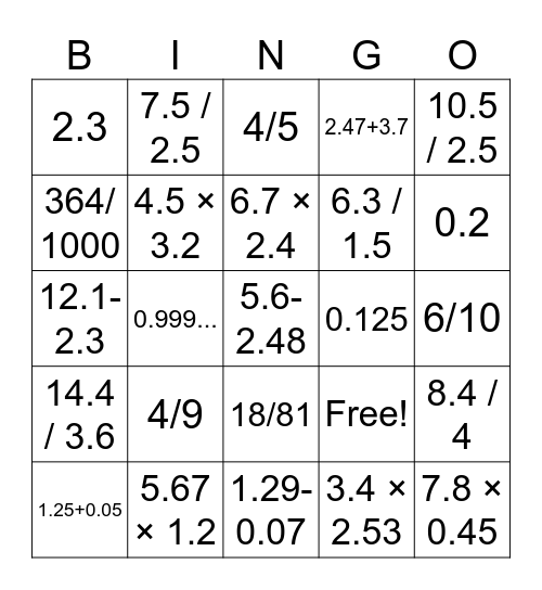 Fractions and Decimals Bingo Card