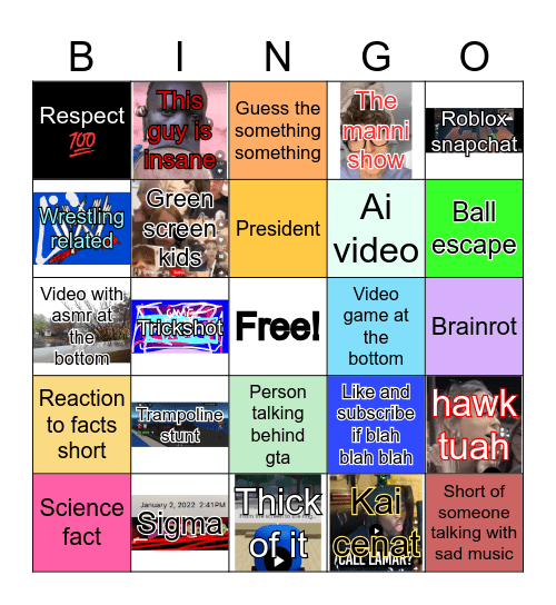 YouTube shorts Bingo Card