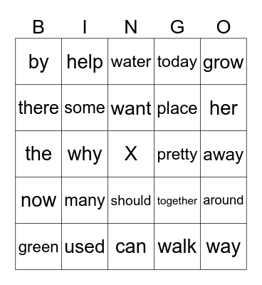 Sight Words Bingo Card