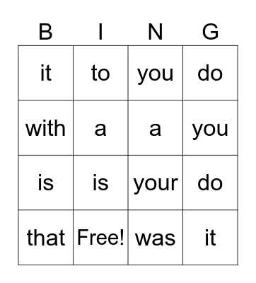 Sight Words Bingo Card