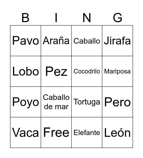 Bingo De Los Animales Bingo Card