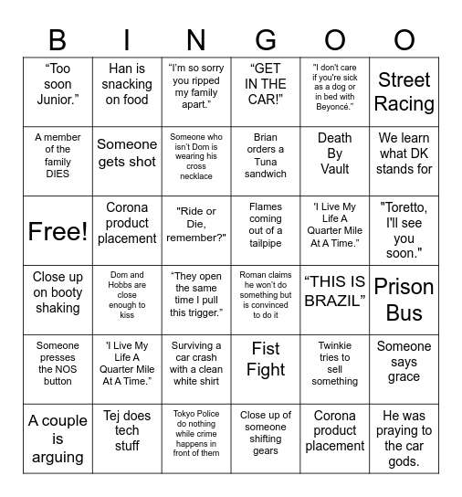 Fast and Furious Movies (1 - 4) Bingo Card