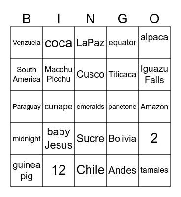 South American Bingo Card