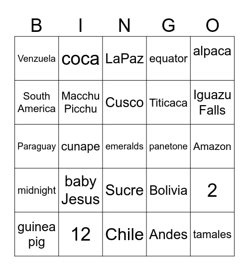 South American Bingo Card