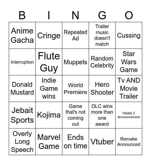 Game Awards 2024 Bingo Card