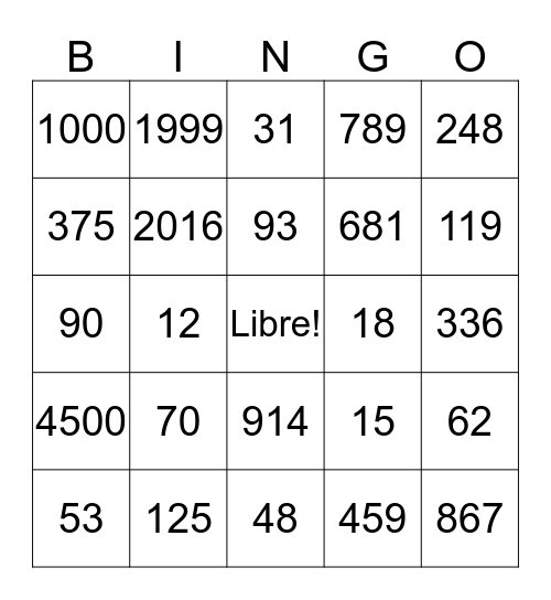 Numeros Bingo Card