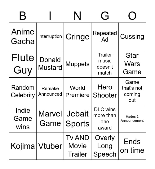 Game Awards 2024 Bingo Card