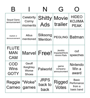 Game Awards 2024 Bingo Card