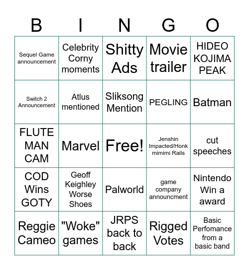 Game Awards 2024 Bingo Card