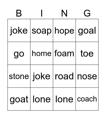 Long O (o-e, oa, o) Bingo Card