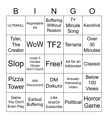 YT cuz silly Bingo Card