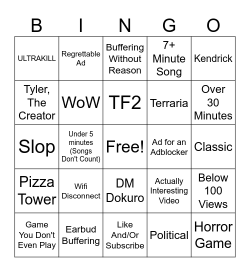 YT cuz silly Bingo Card