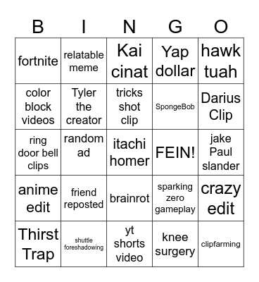 TikTok Video Bingo Card