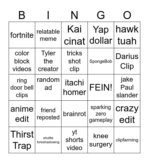 TikTok Video Bingo Card