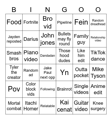 TikTok bingo Card