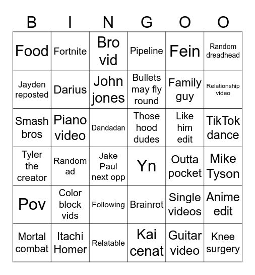 TikTok bingo Card