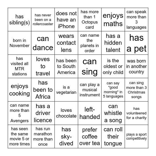 Nice to meet you Bingo Card