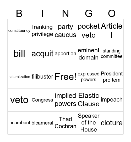 CONGRESS Bingo Card