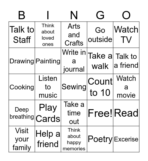 Coping Skills Bingo Card