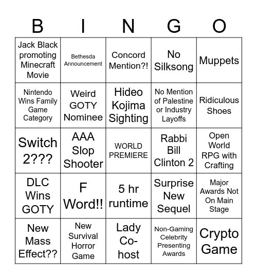 The Game Awards 2024 Bingo Card