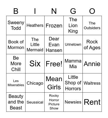 Musical Theatre Bingo Card