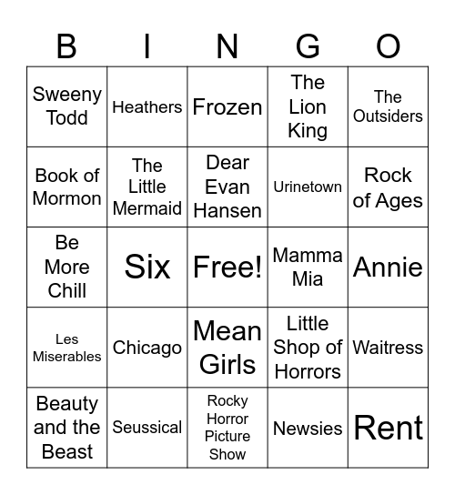 Musical Theatre Bingo Card