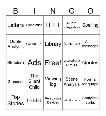 Year 7 English Bingo Card