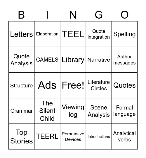 Year 7 English Bingo Card