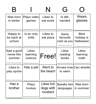 Get to know you BINGO Card