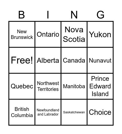 Canada Provinces and Territories Bingo Card