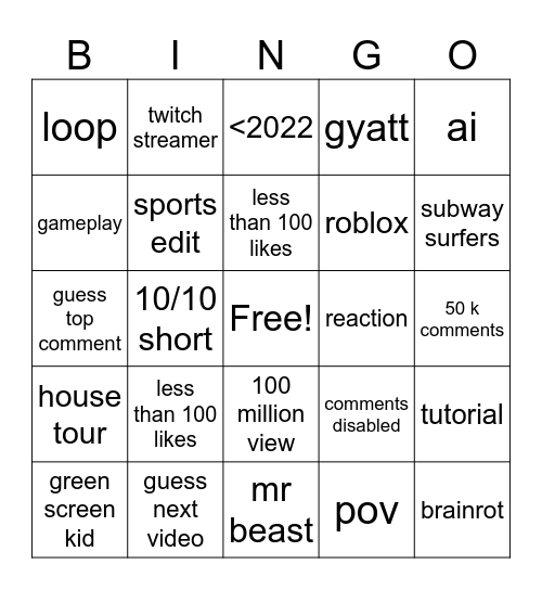 yt shorts bingo Card