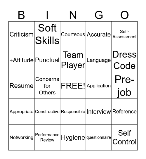 Job Skills Bingo Card