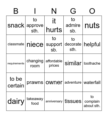 Vocabulary revision Bingo Card