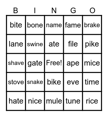 Silent e words Bingo Card
