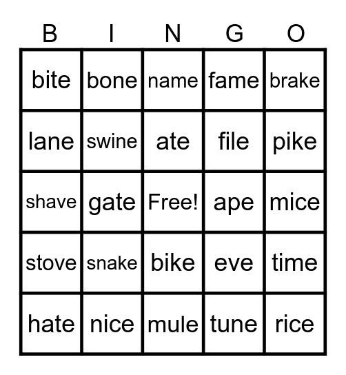 Silent e words Bingo Card
