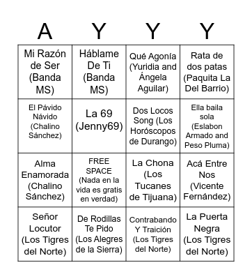 Corridos, Banda, y Mas!!! Bingo Card