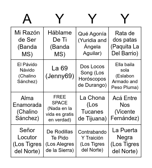 Corridos, Banda, y Mas!!! Bingo Card