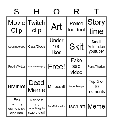 YouTube Shorts Bingo Card