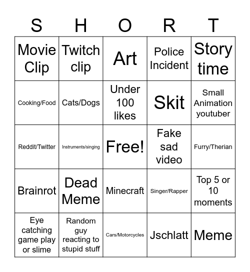 YouTube Shorts Bingo Card