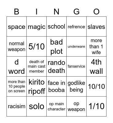 anime bingo Card