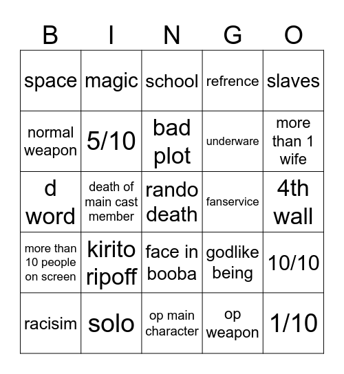 anime bingo Card